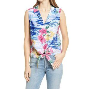 Tommy Bahama 100% Linen Waikiki Waves Tropical Floral Sleeveless Blouse Size M